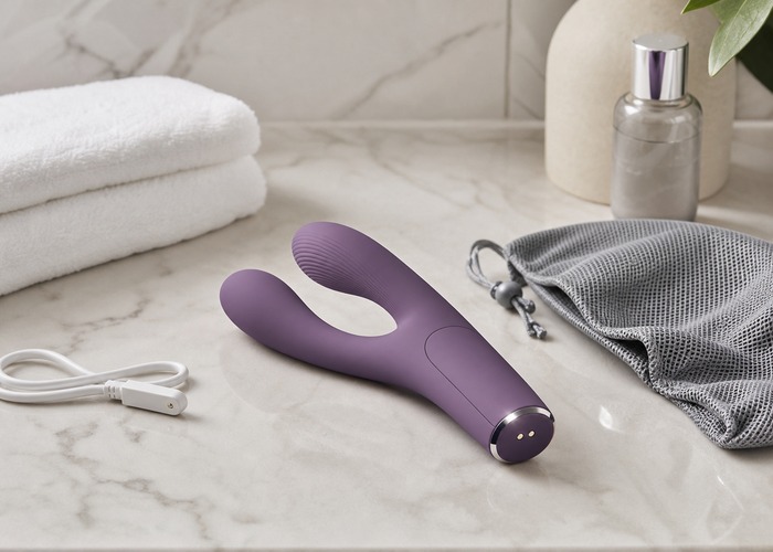 Rabbit Vibrators guide product scene with dual-arm wellness device, water-based lube, charging cable
