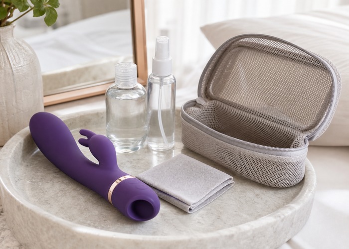 Realistic Dildos guide product scene with realistic-texture shaft, water-based lube, cleaning spray