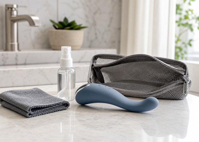 Realistic Dildos guide product scene with realistic-texture shaft, water-based lube, cleaning spray
