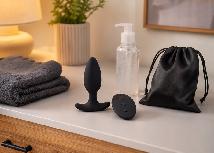 Anal Vibrators guide product scene with remote-control butt plug, handheld remote, water-based lube