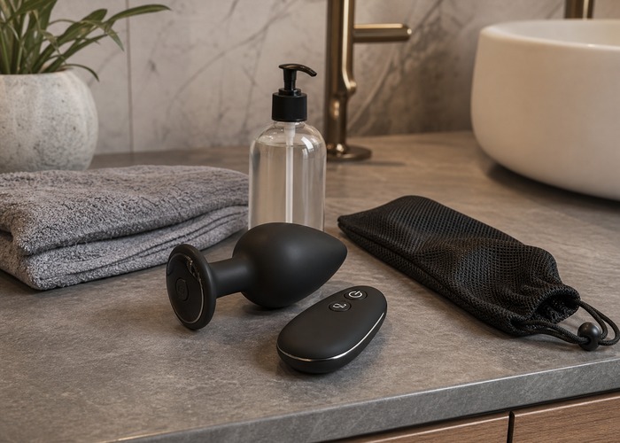 Anal Vibrators guide product scene with remote-control butt plug, handheld remote, water-based lube