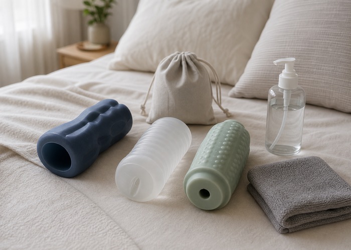 Male Masturbators guide product scene with male masturbator, textured sleeve, drying rack