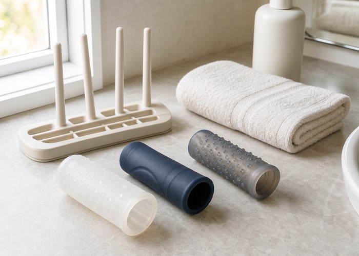 Male Masturbators guide product scene with male masturbator, textured sleeve, drying rack