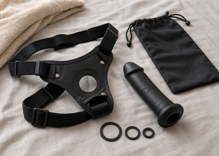 Strap On Dildos guide product scene with strap-on harness, dildo, O-ring