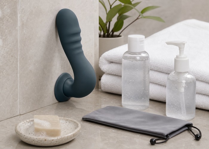 Suction Cup Dildos guide product scene with suction cup dildo, smooth tile surface, water-based lube