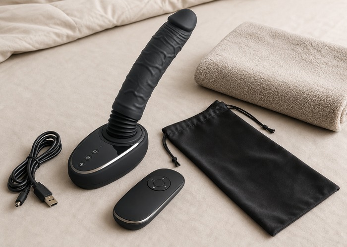 Thrusting Dildos guide product scene with thrusting dildo, remote control, charging cable