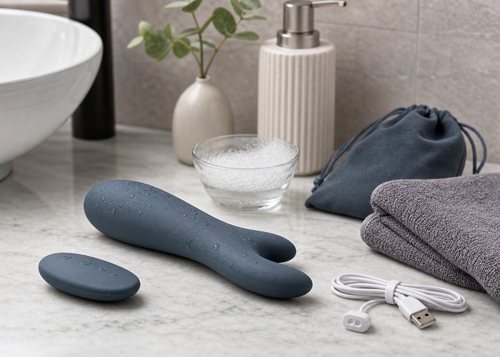 Thrusting Dildos guide product scene with thrusting dildo, remote control, charging cable