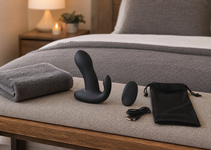 Thrusting Dildos guide product scene with thrusting dildo, remote control, charging cable