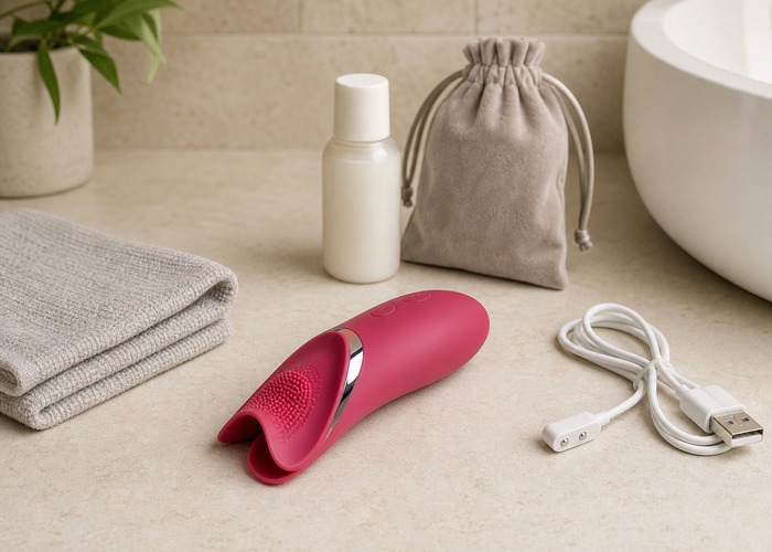 Tongue Vibrators guide product scene with tongue-style head, water-based lube, charging cable