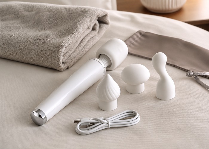 Wand Vibrators guide product scene with wand handle, soft silicone attachment, charging cable