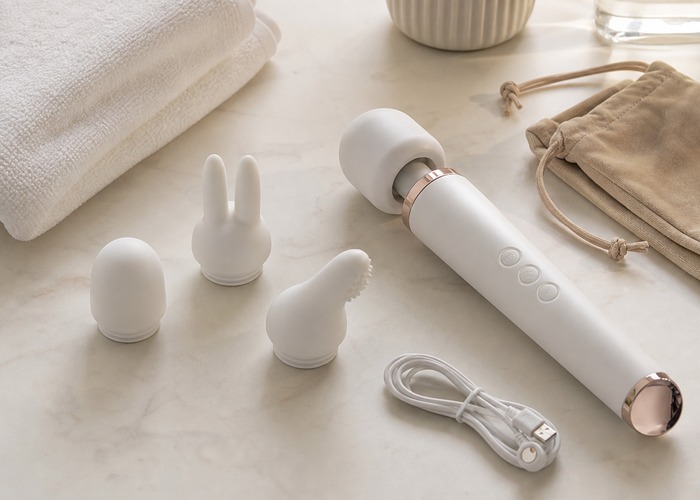 Wand Vibrators guide product scene with wand handle, soft silicone attachment, charging cable
