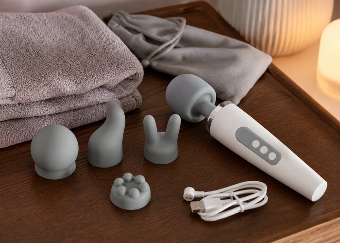 Wand Vibrators guide product scene with wand handle, soft silicone attachment, charging cable