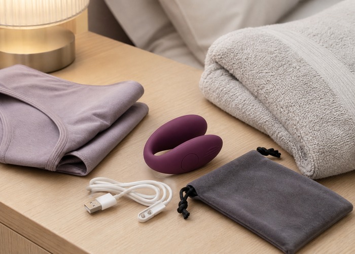 Wearable Vibrators guide product scene with wearable vibrator, soft pouch, charging cable