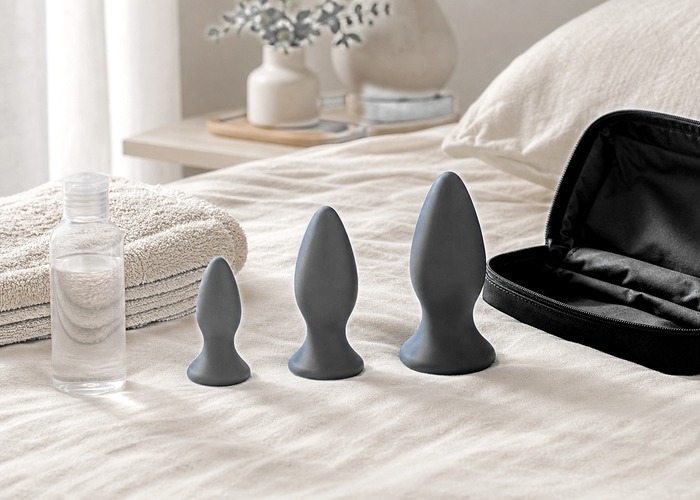 Metal Butt Plugs guide product scene with metal plug, water-based lube, soft towel