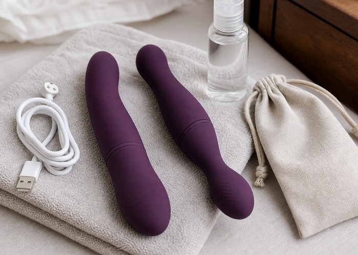 Clitoral Vibrators guide product scene with compact clitoral toy, charging cable, soft towel