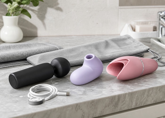 Clitoral Toy Comparison guide product scene with suction toy, tongue toy, tapping head