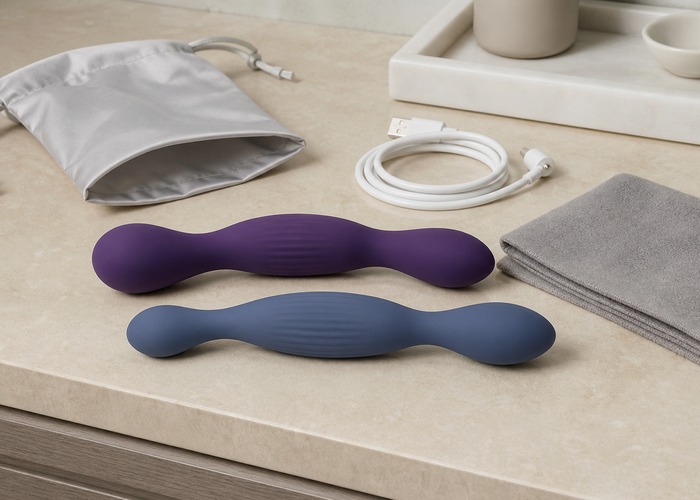 Clitoral Vibrators guide product scene with compact clitoral toy, charging cable, soft towel
