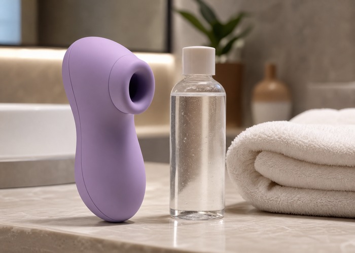 Clitoral Suction Vibrators guide product scene with soft cup opening, water-based lube, folded towel