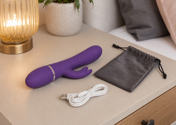 Rabbit Vibrators guide product scene with smooth shaft, raised texture, charging cable