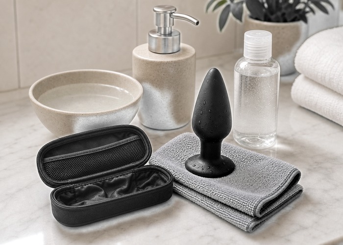 Metal Butt Plugs guide product scene with metal plug, water-based lube, soft towel