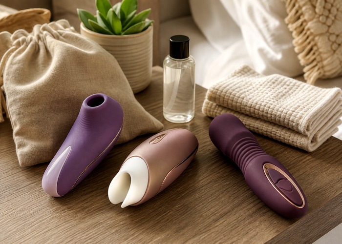 Clitoral Toy Comparison guide product scene with suction toy, tongue toy, tapping head