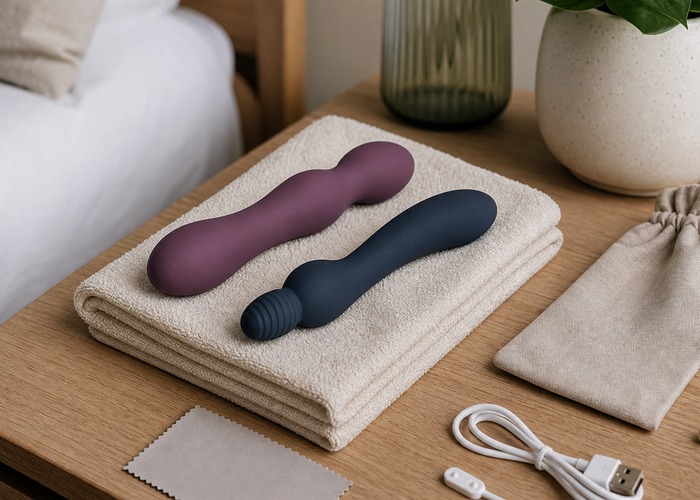 Clitoral Vibrators guide product scene with compact clitoral toy, charging cable, soft towel