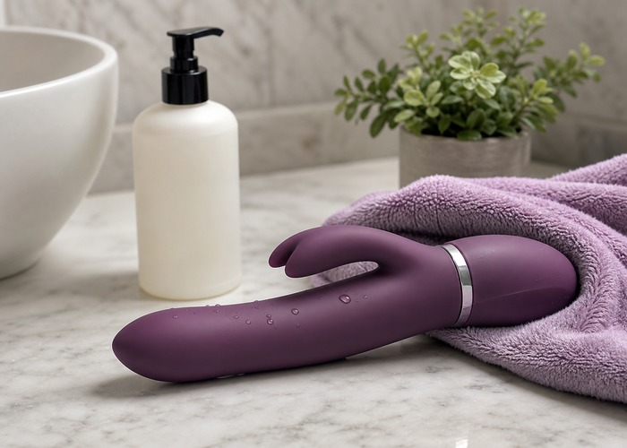 Rabbit Vibrators guide product scene with smooth shaft, raised texture, charging cable