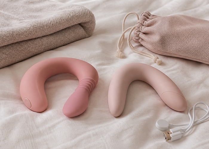 G-Spot Vibrators guide product scene with g-spot vibrator, bendable neck, fixed curve