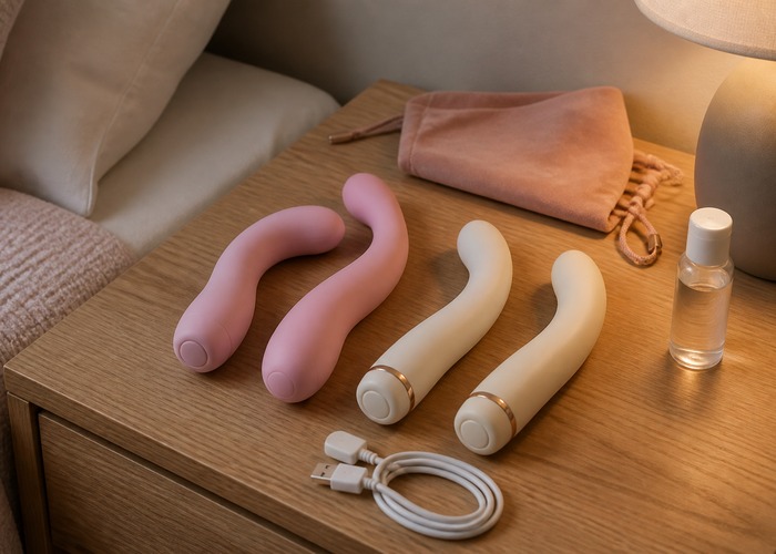 G-Spot Vibrators guide product scene with g-spot vibrator, bendable neck, fixed curve