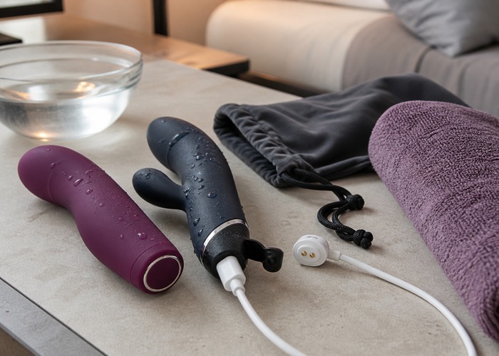 Waterproof Vibrators guide product scene with waterproof vibrator, charging port cover, soft towel