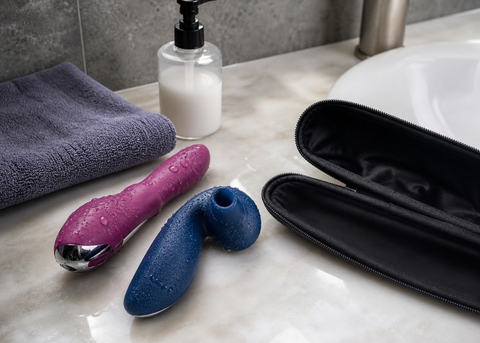 Waterproof Vibrators guide product scene with waterproof vibrator, charging port cover, soft towel