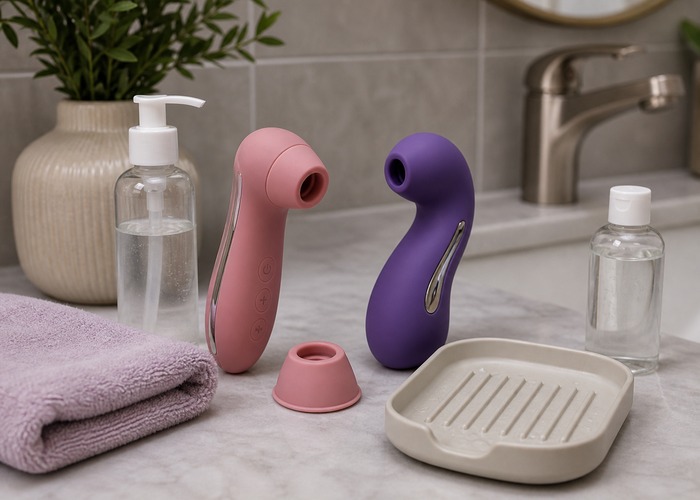 Clitoral Vibrators guide product scene with detachable suction head, toy cleaner, drying tray