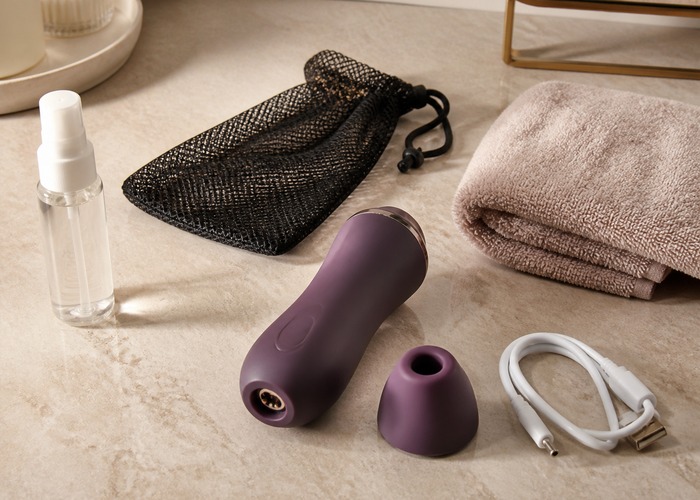 Clitoral Vibrators guide product scene with detachable suction head, toy cleaner, drying tray