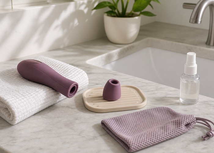 Clitoral Vibrators guide product scene with detachable suction head, toy cleaner, drying tray