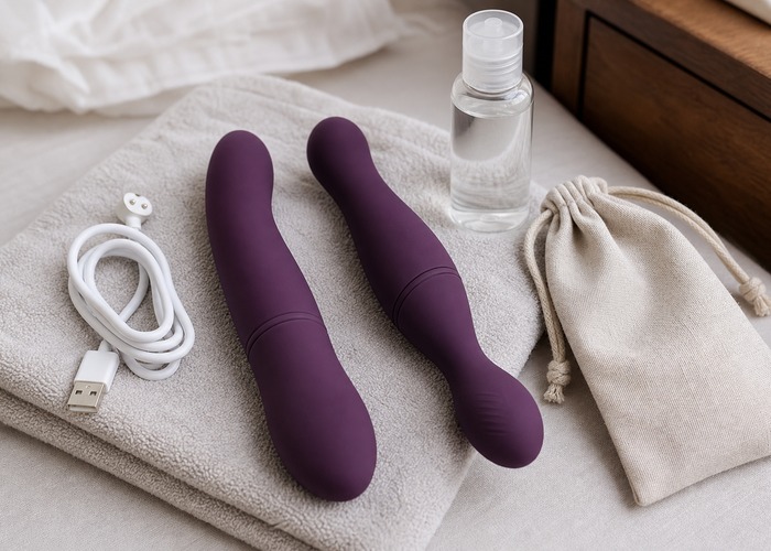 Clitoral Vibrators guide product scene with dual-end clitoral toy, water-based lube, charging dock