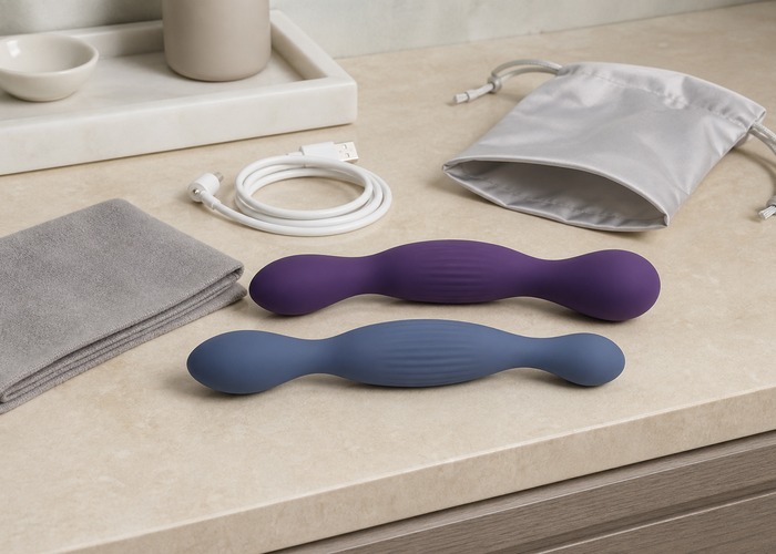 Clitoral Vibrators guide product scene with dual-end clitoral toy, water-based lube, charging dock