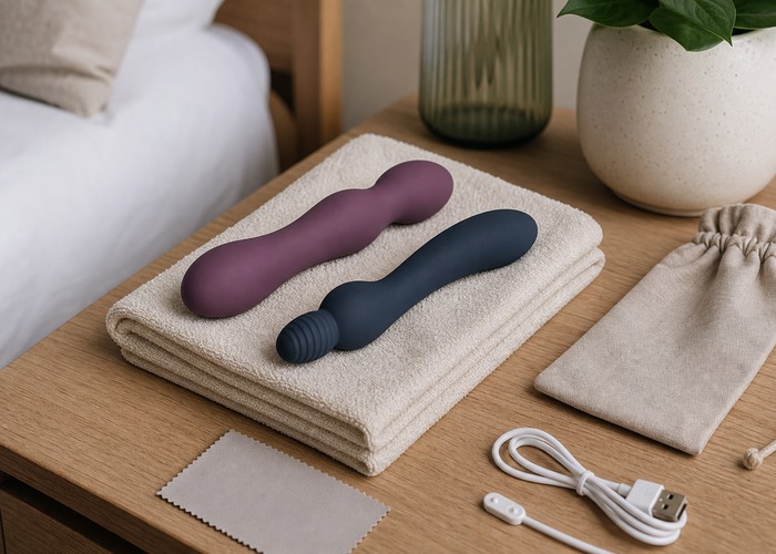 Clitoral Vibrators guide product scene with dual-end clitoral toy, water-based lube, charging dock