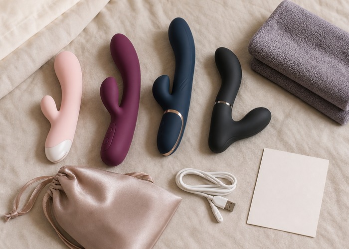 Multi-Function Vibrators guide product scene with multi-function vibrator, comparison lineup, charging cable