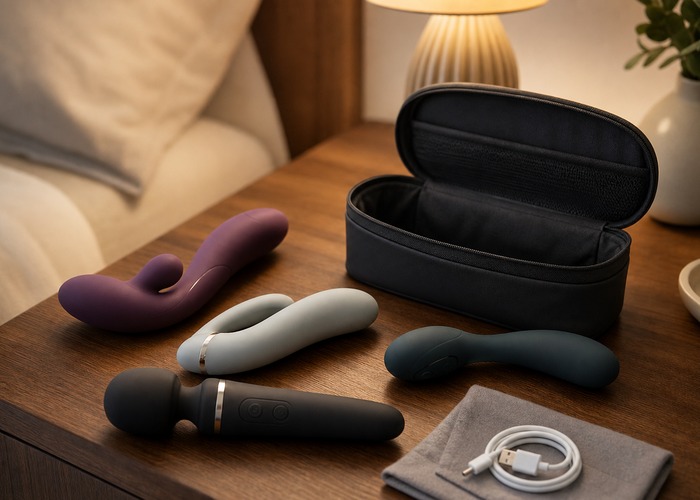 Multi-Function Vibrators guide product scene with multi-function vibrator, comparison lineup, charging cable