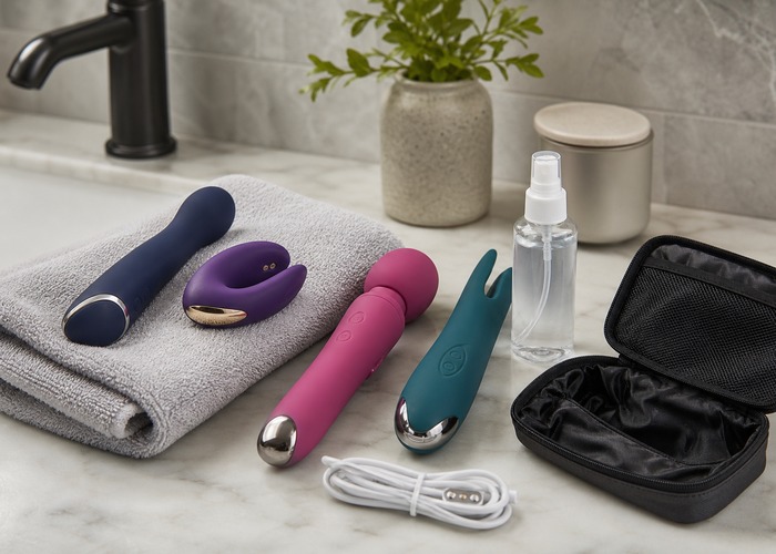 Multi-Function Vibrators guide product scene with multi-function vibrator, comparison lineup, charging cable