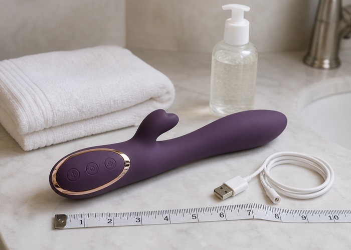 Rabbit Vibrators guide product scene with rabbit vibrator handle, button layout, charging cable