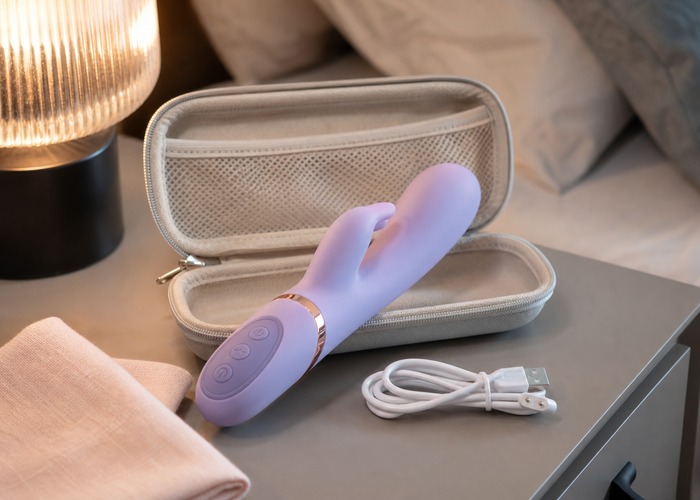 Rabbit Vibrators guide product scene with rabbit vibrator handle, button layout, charging cable