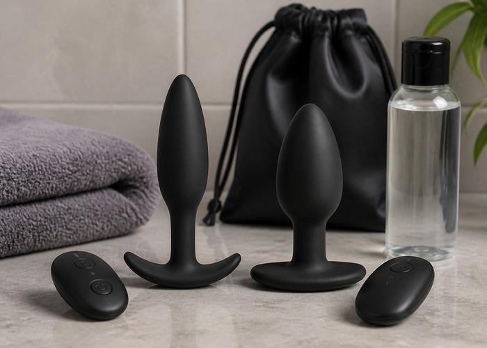 Remote Control Butt Plugs guide product scene with remote control butt plug, flared base, water-based lube