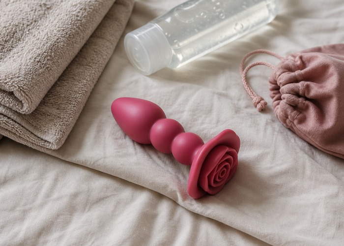Butt Plugs guide product scene with rose base plug, beaded stem, water-based lube