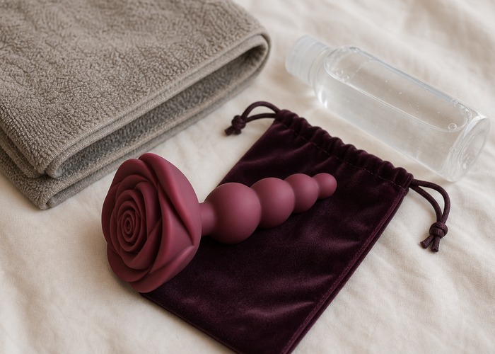 Butt Plugs guide product scene with rose base plug, beaded stem, water-based lube