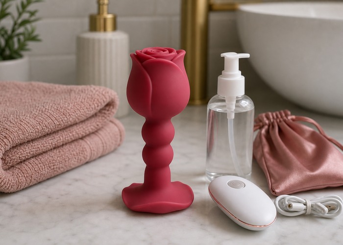 Butt Plugs guide product scene with rose base plug, beaded stem, water-based lube