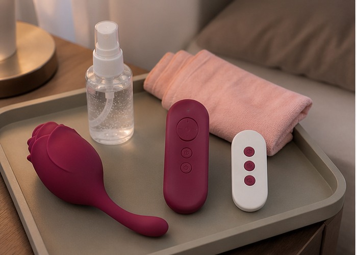 Rose Vibrators guide product scene with rose vibrator, remote control, charger cable