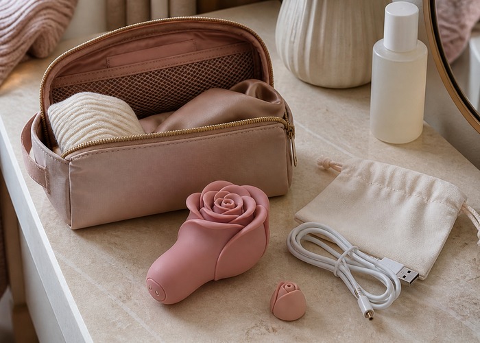 Rose Vibrators guide product scene with rose toy, charging cable, dust cap