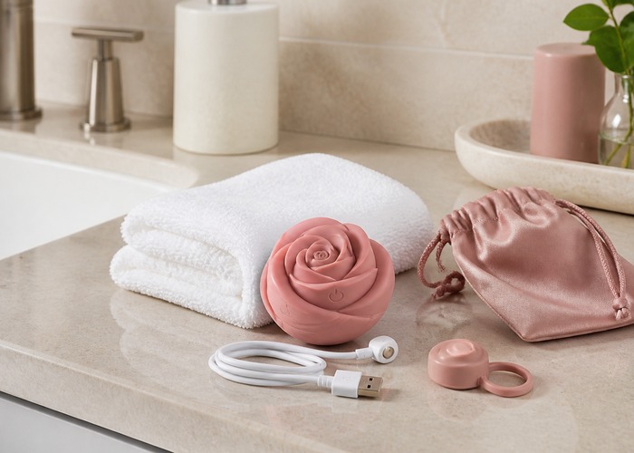 Rose Vibrators guide product scene with rose toy, charging cable, dust cap