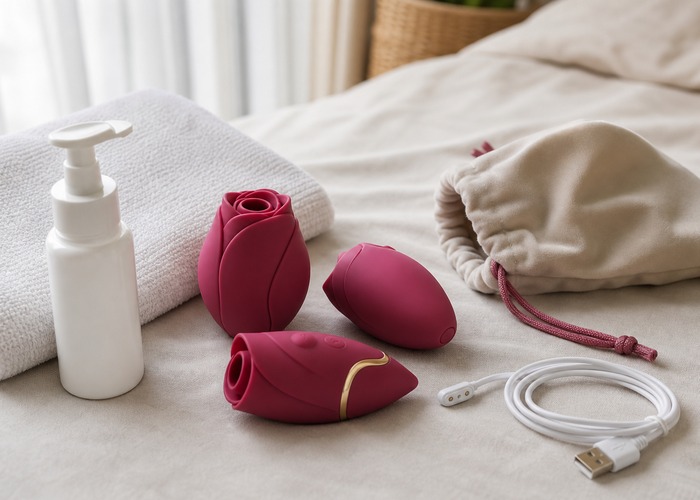 Rose Vibrators guide product scene with rose vibrator, petal opening, cleanser bottle